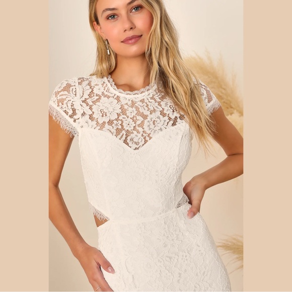Lulu’s Devoted to Bliss White Lace Cap Sleeve Cutout Trumpet Maxi Dress - Picture 3 of 11